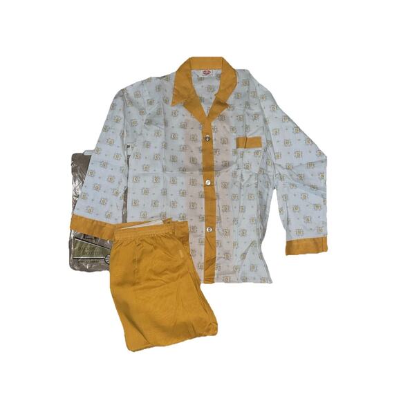 Vintage Hills Pajamas Mens Medium Yellow Geometric Print Set 1970s USA - Picture 1 of 12